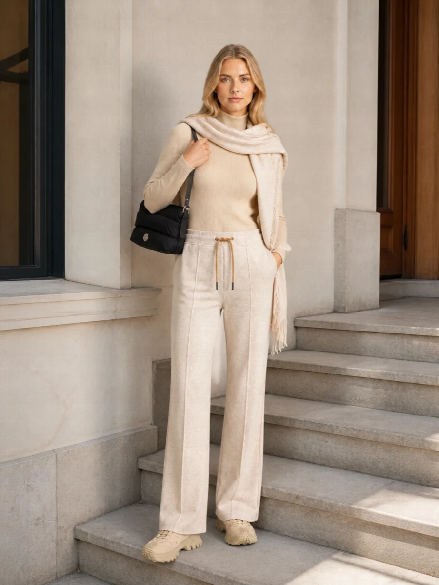 Moncler grenoble knit pants beige sneakers outfit