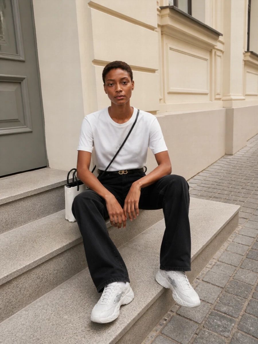 An off-white logo tee meets washed black straight jeans for a quietly graphic, low-contrast uniform. Chunky off-white runners and a structured mini tote keep the lines clean while the slim BB belt adds just enough structure. It is an easy city combo that reads Balenciaga without feeling loud.