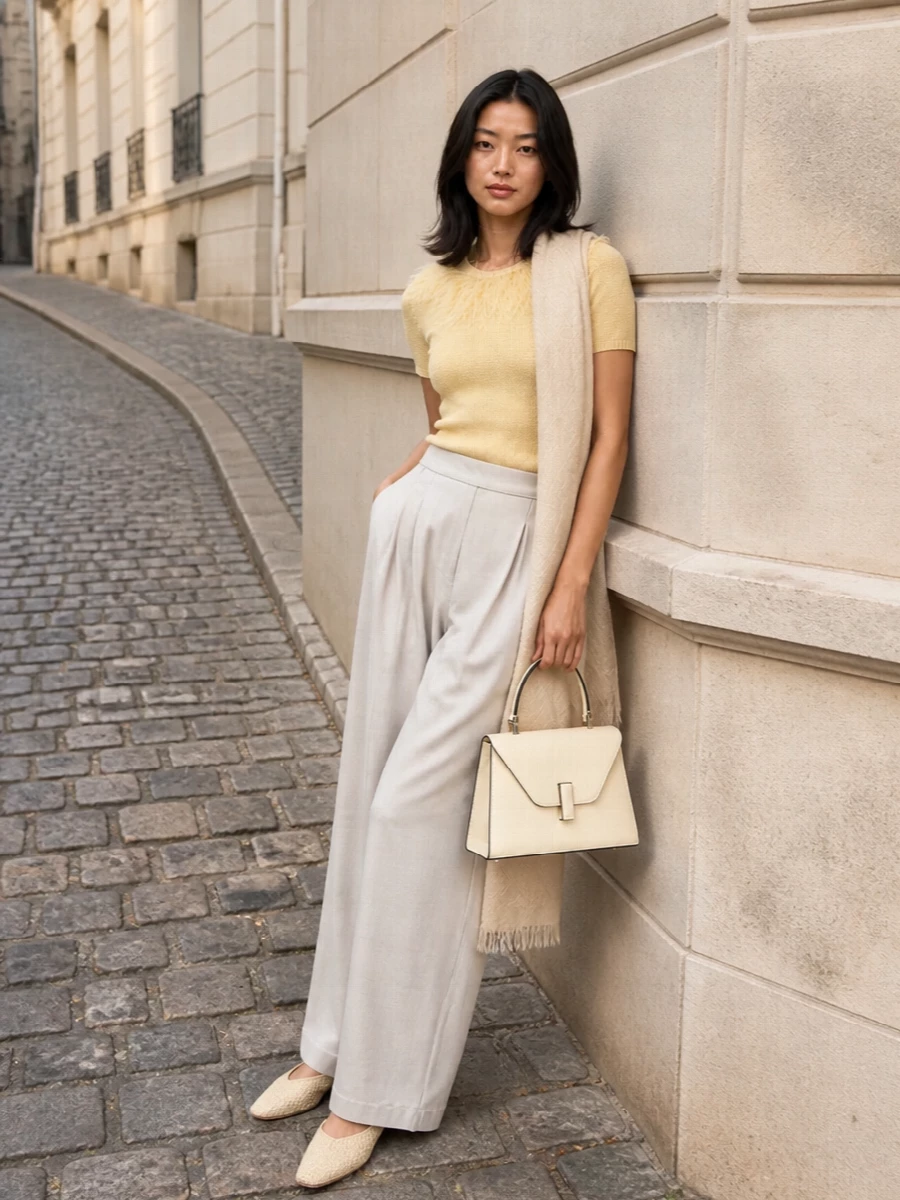 Butter yellow and stone neutrals meet in a knit-and-tailoring pairing that feels calm, romantic and quietly assured. The feathered neckline is grounded by a long, fluid trouser and glove-soft woven flats, while a crisp ivory top-handle and tonal scarf add just enough structure and detail. It is an easy city uniform for days when you want softness, movement and polish in equal measure.