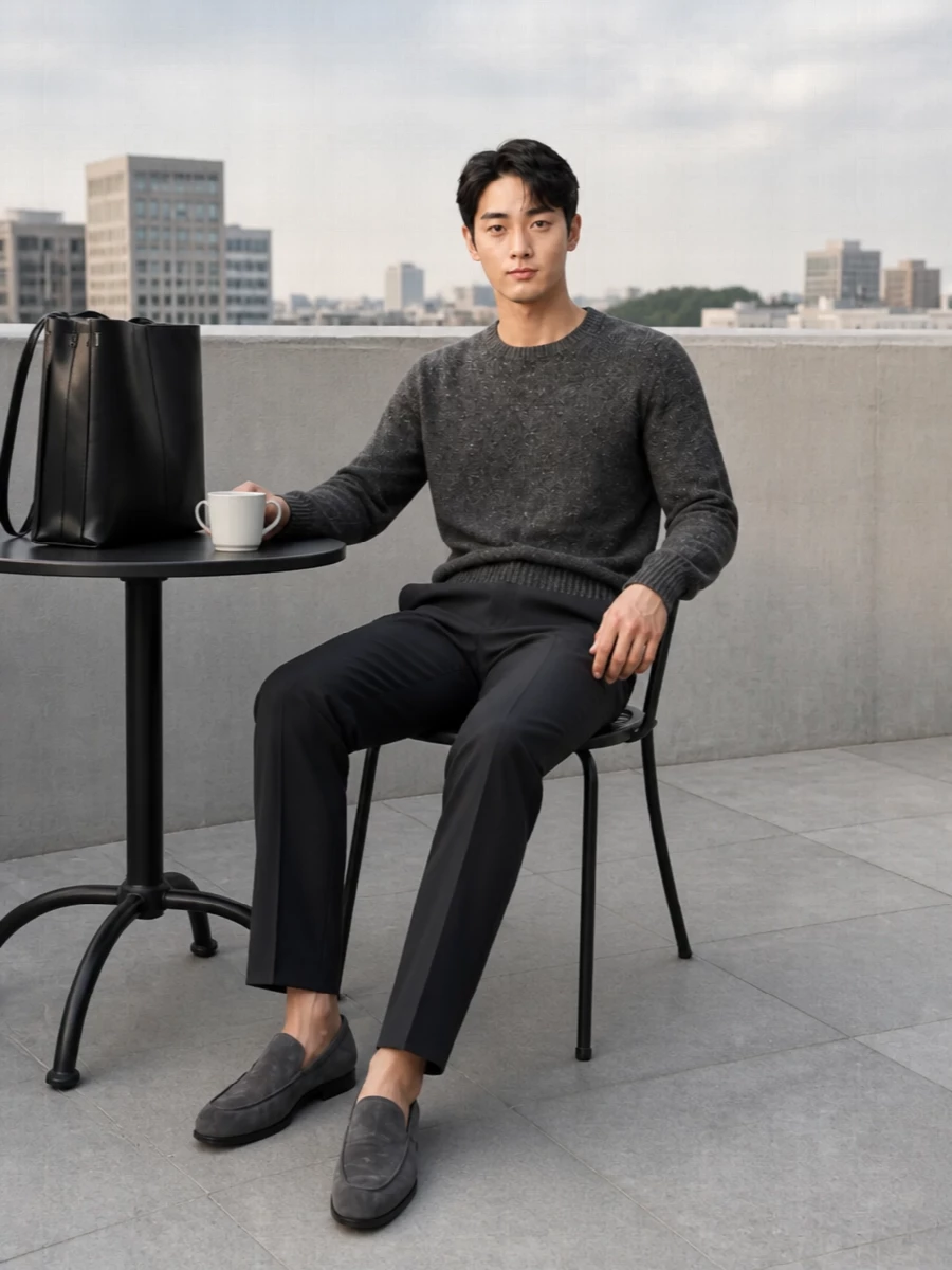 Jil sander charcoal trouser grey knit outfit