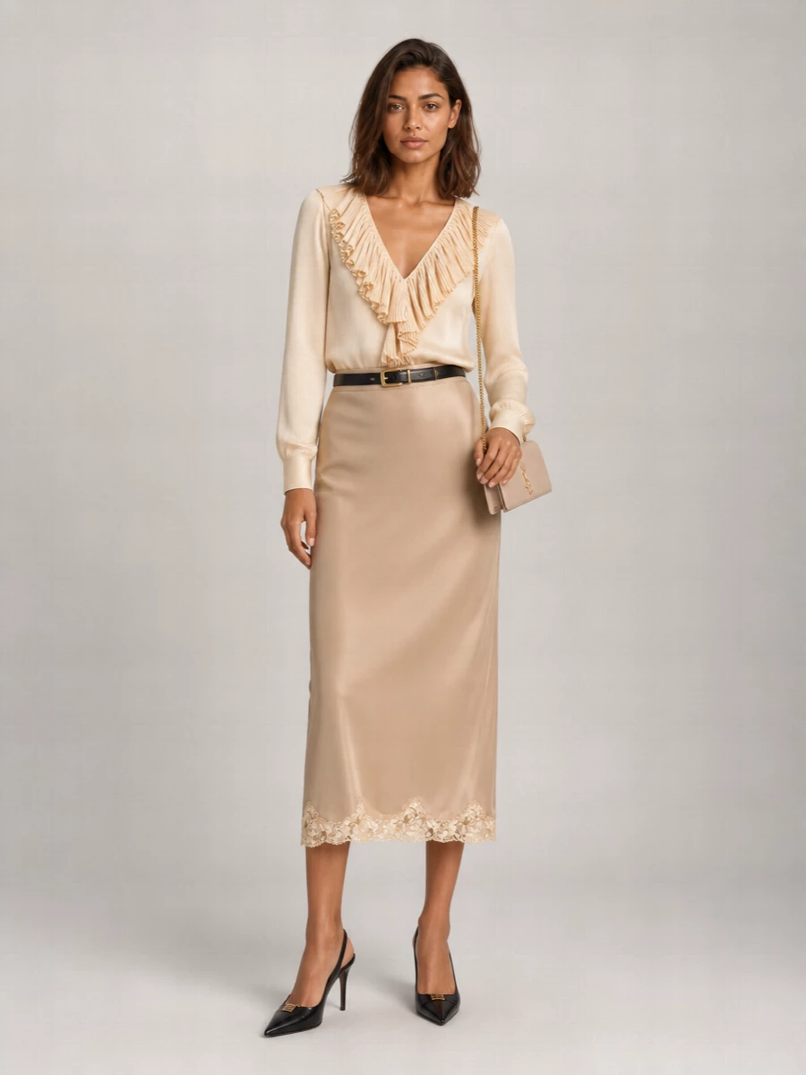 Saint Laurent Silk Satin Fitted Skirt