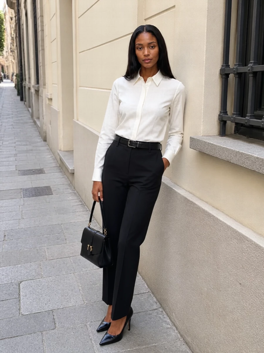 Ferragamo trouser ivory shirt black pumps