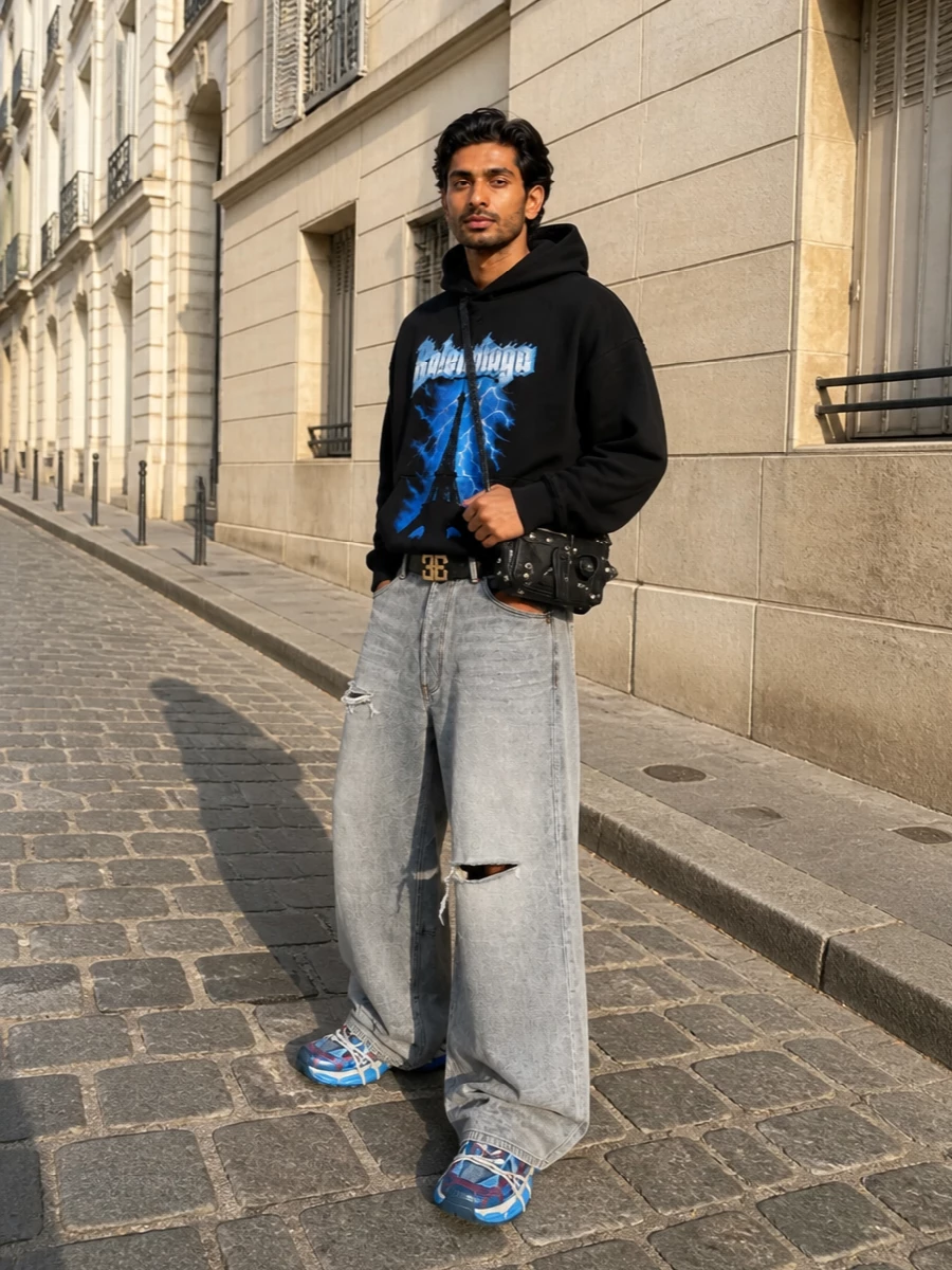 Balenciaga graphic hoodie wide grey jeans outfit