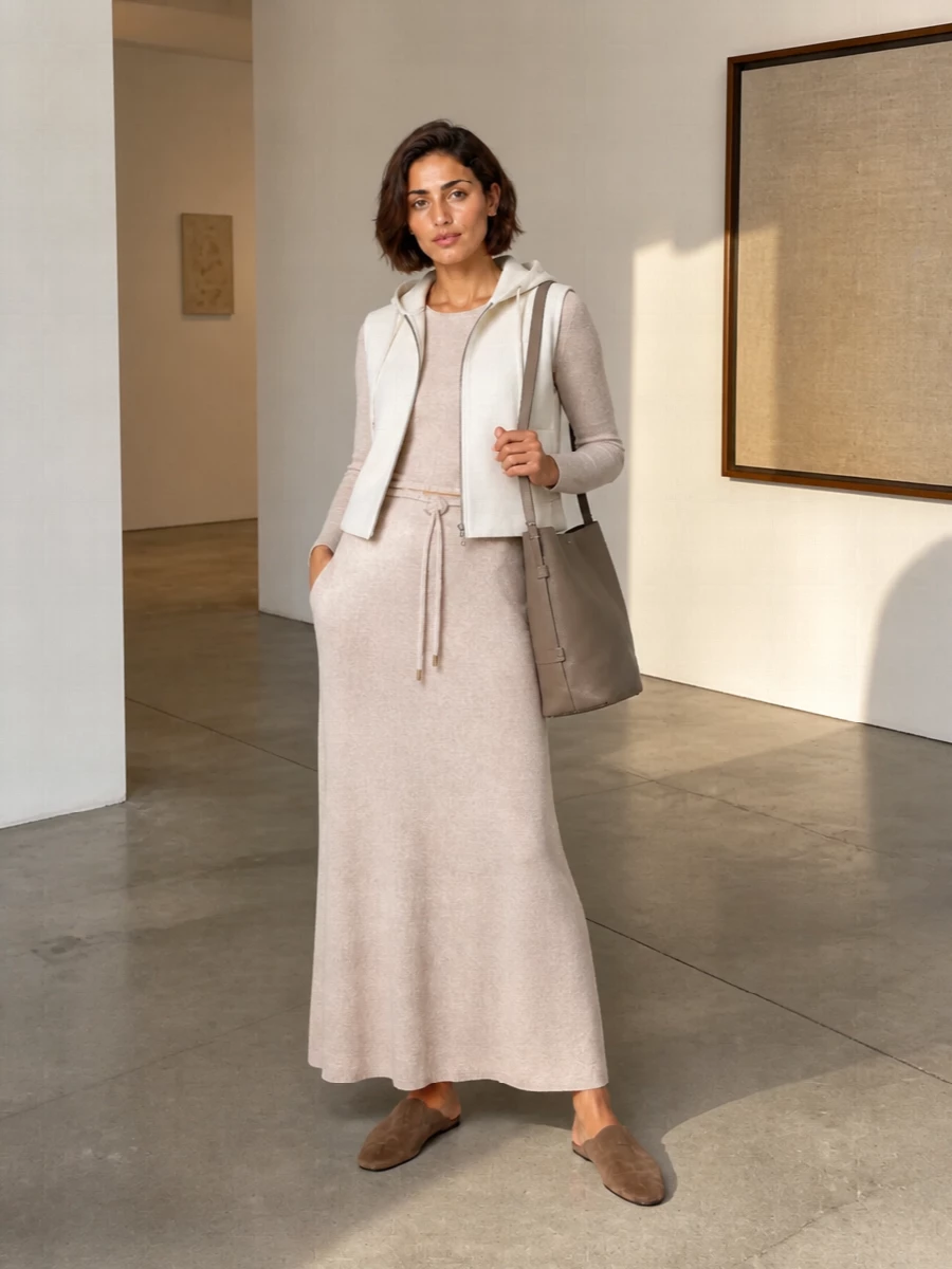 Max mara knit dress outfit taupe mules