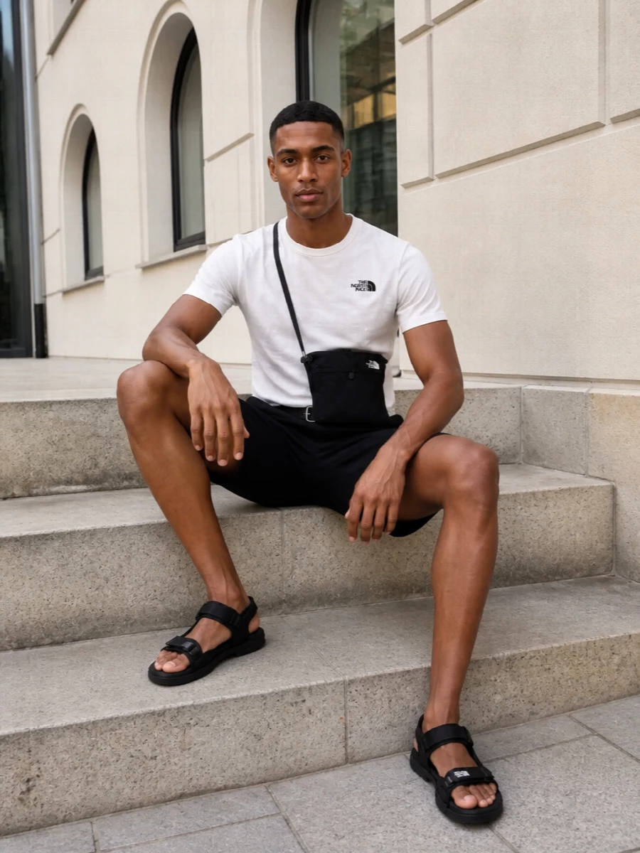 A crisp white North Face tee and black technical shorts keep the energy clean, functional and ready to move. All-black trail sandals and a compact crossbody stay in the same graphic, logo-led lane. The grommeted belt quietly sharpens the waist, giving an outdoorsy uniform a bit more intention for city days or travel.