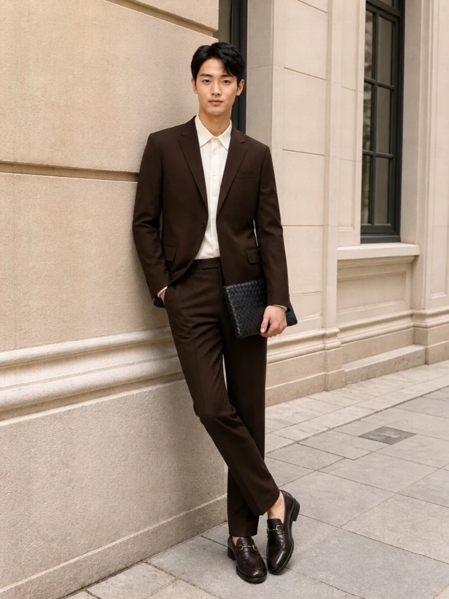 Gucci brown suit cream shirt horsebit loafers