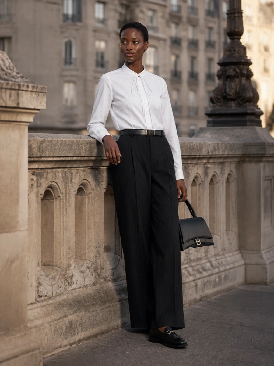 Gucci tie neck shirt pinstripe trousers outfit