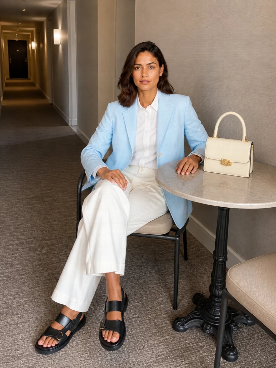 I am keeping this as a single-blazer outfit, treating the Marni powder-blue jacket as the hero and building around it rather than adding a second tailored layer. The Marni white shirt and ivory wide-leg trouser hit that intelligent, creative-office mood the blazer promises, while the black leather sandals and cream structured bag ground the softness without breaking the quiet, summery palette. The result is sharp but relaxed, ideal for gallery days, client meetings or city dinners where you want color read as sophistication, not statement.