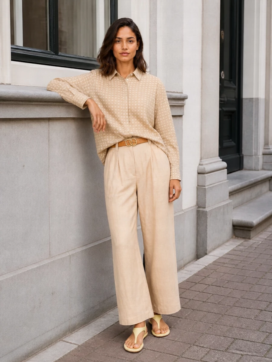 Kenzo beige trousers geometric shirt tan accents