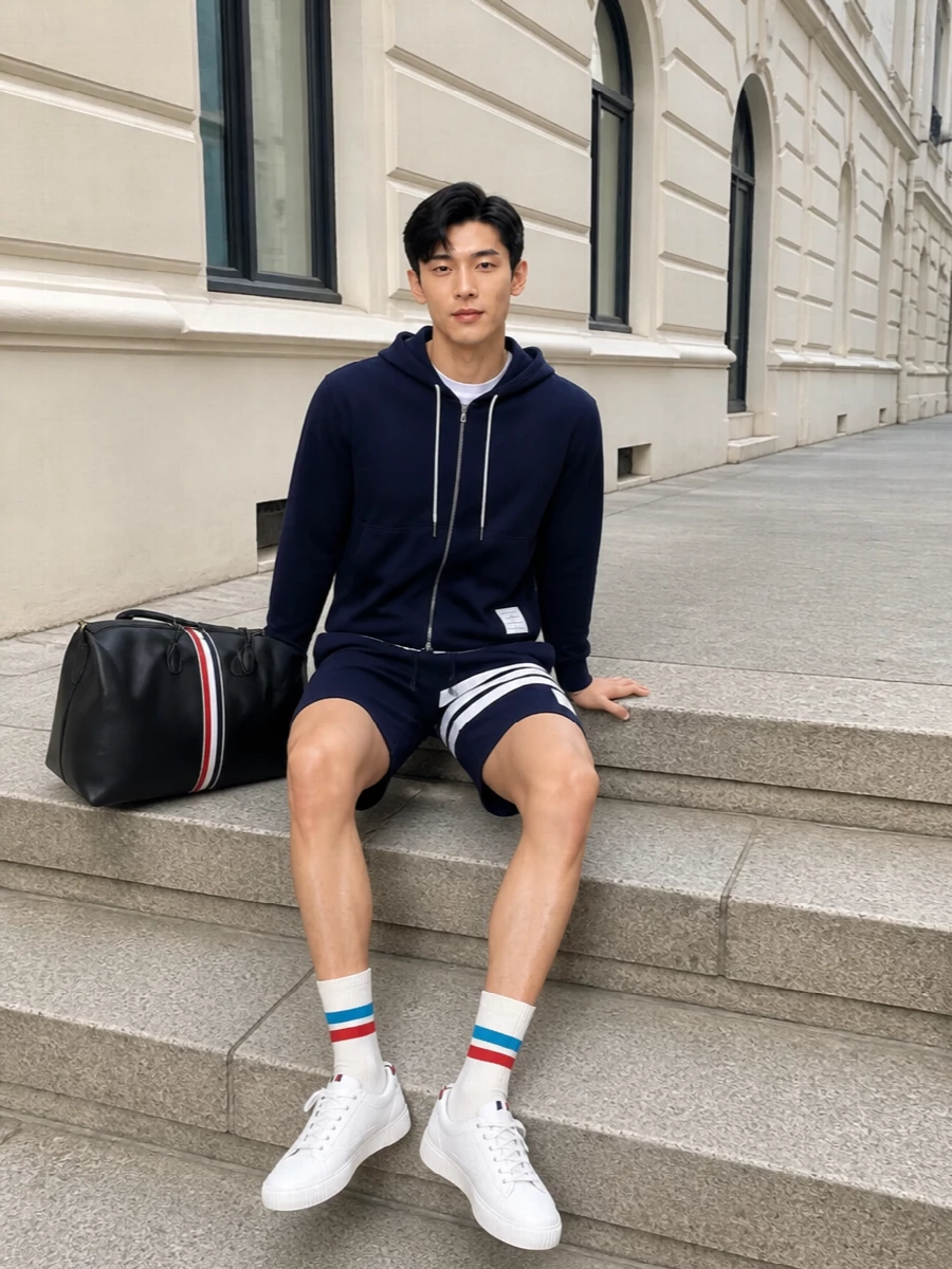 Thom browne navy hoodie striped shorts sneakers