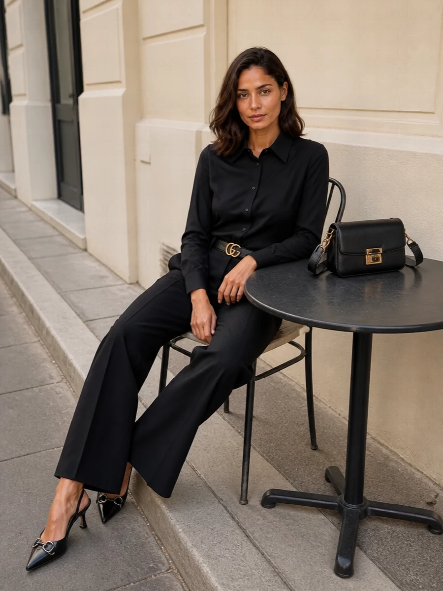 Gucci black wide leg trouser shirt outfit