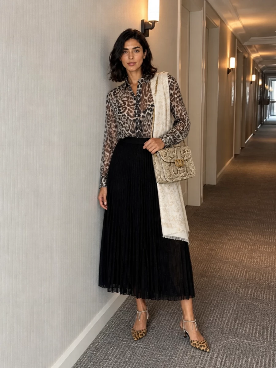 Ermanno scervino leopard blouse black midi skirt