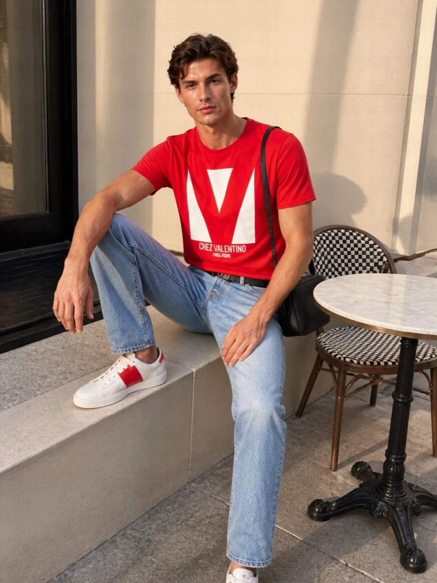 A saturated red Valentino tee sits against washed light-blue denim for a clean, graphic take on casual days in the city. White leather sneakers with a red band echo the tee without feeling matchy, while a slim black belt and compact crossbody keep the finish sharp and quietly luxurious. It is an easy, confident uniform that reads modern, sporty and distinctly Italian.