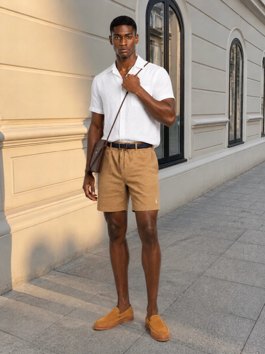 Polo ralph lauren camel shorts white shirt outfit