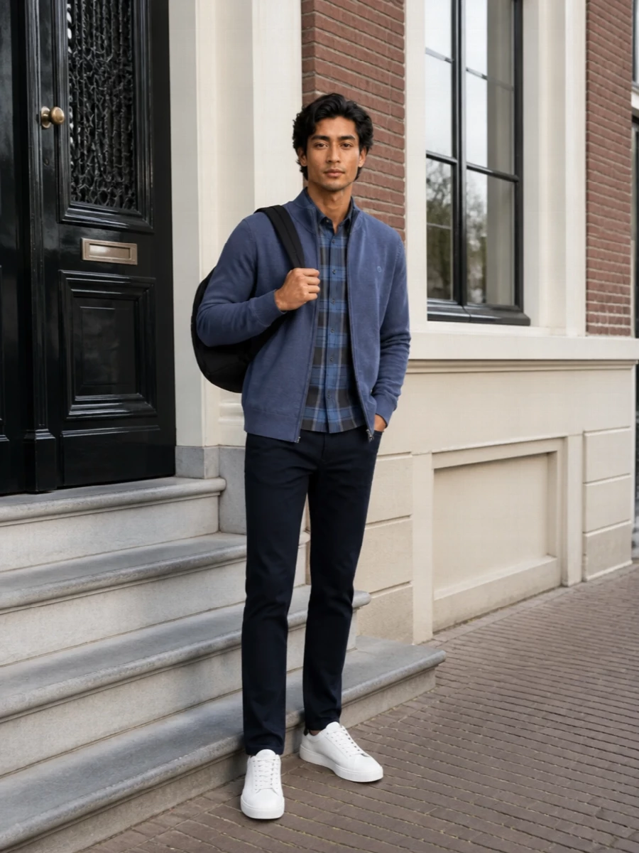 Timberland zip jacket boss navy trousers outfit