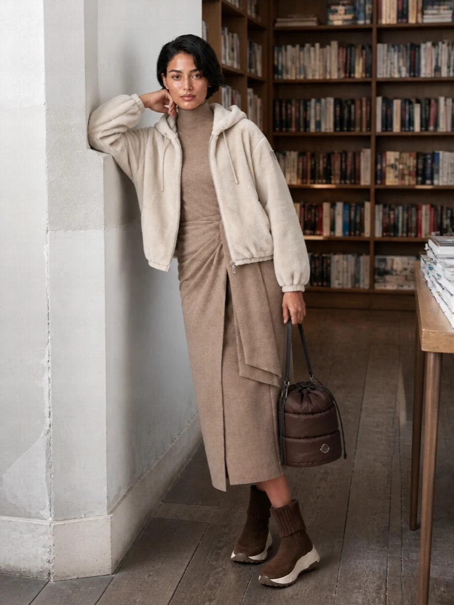 Max mara knit dress moose knuckles jacket outfit