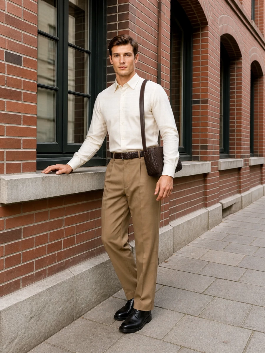 Balenciaga camel trousers ivory shirt derby shoes