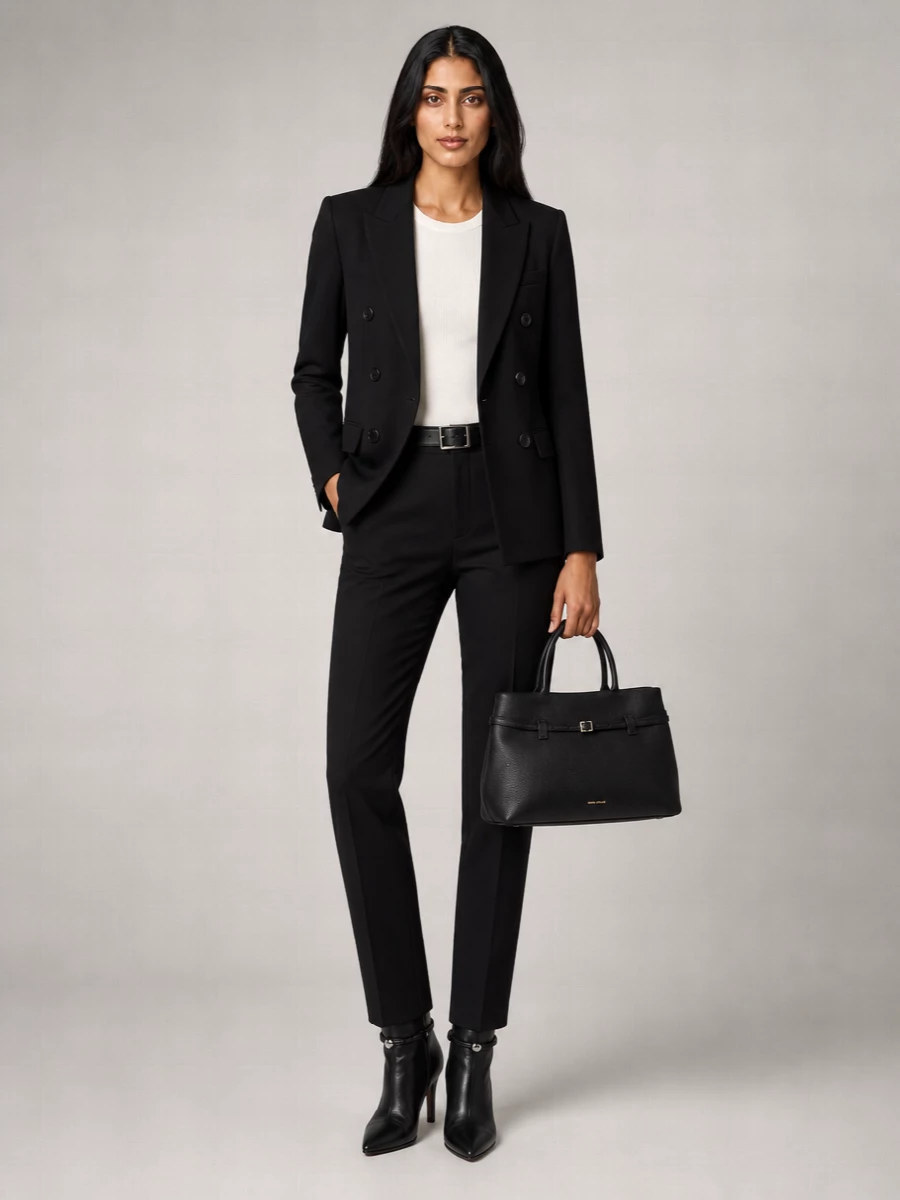 Head-to-toe black tailoring keeps the focus on line and attitude, with the Isabel Marant blazer and pleated trouser reading as a modern Parisian suit. Stiletto ankle boots sharpen the proportions and give the trousers a long, lean fall. A structured top-handle bag and a slim black belt finish it with quiet, CEO-level clarity from client meetings straight into dinner.
