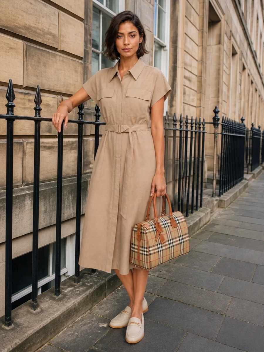 A sand Brunello Cucinelli shirt dress and cream Tod’s loafers create a quiet, tailored base that lets the Burberry check tote read as the considered statement. The proportions stay clean and columnar, so the structured bag and subtle belt detail define the polish without any visual noise. This is a refined city-day pairing that moves easily from office hours to terrace lunches with nothing more than a change of lip color.