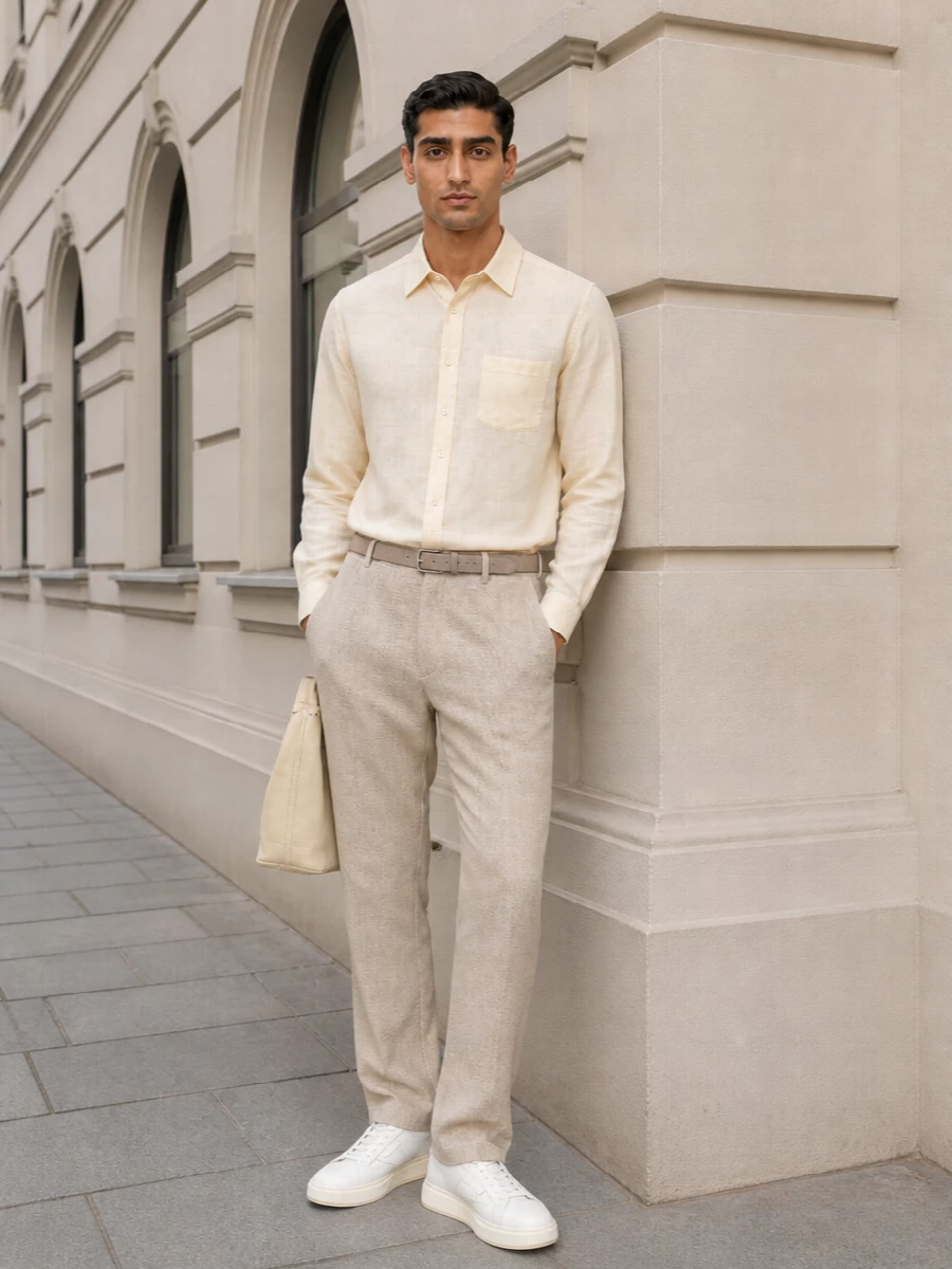 Sefr beige shirt tailored trousers white sneakers
