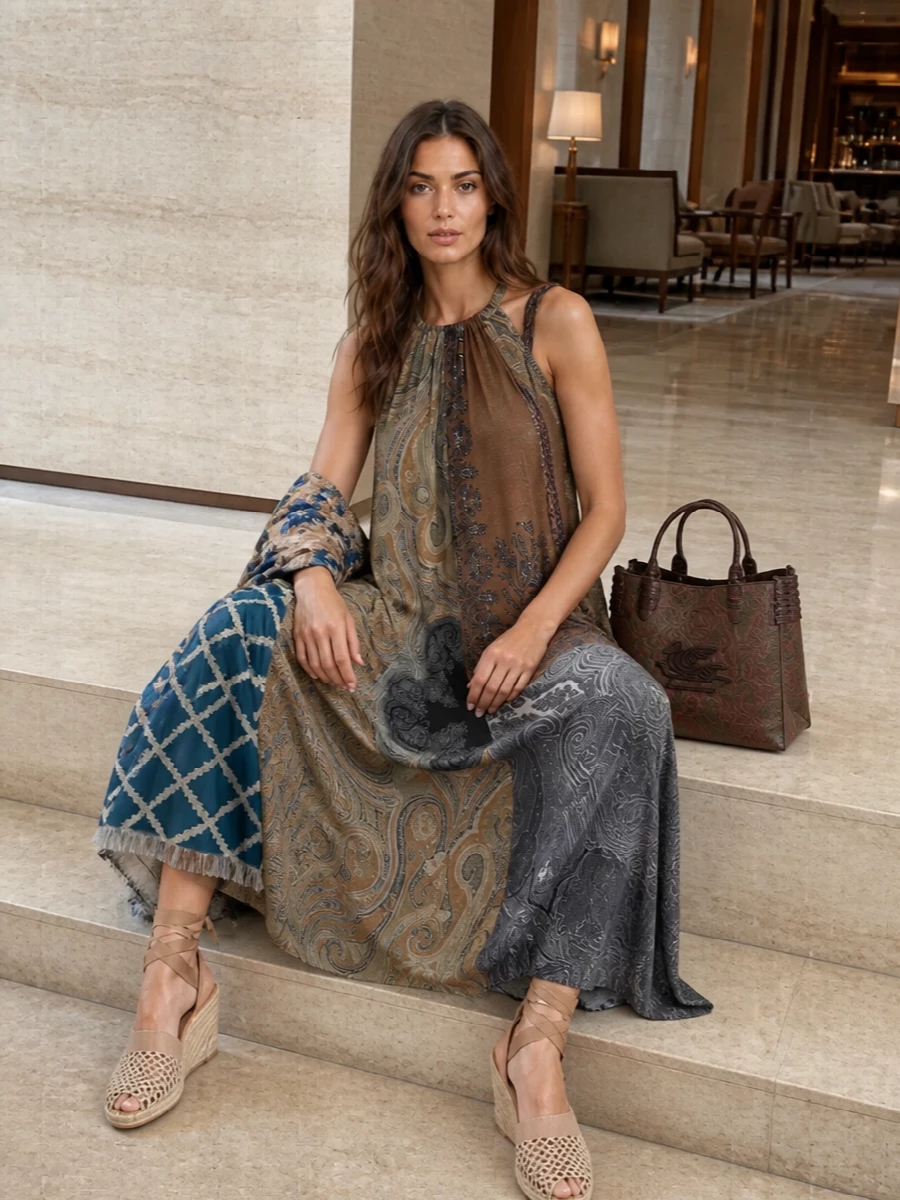 An earthy Pierre Louise Mascia paisley halter maxi is grounded with camel raffia wedges and a structured Etro paisley shoulder bag in matching tobacco tones. The painterly stole in teal and camel adds a final note of curated pattern, perfect for sunlit dinners where you want romance with a quietly cultivated edge.