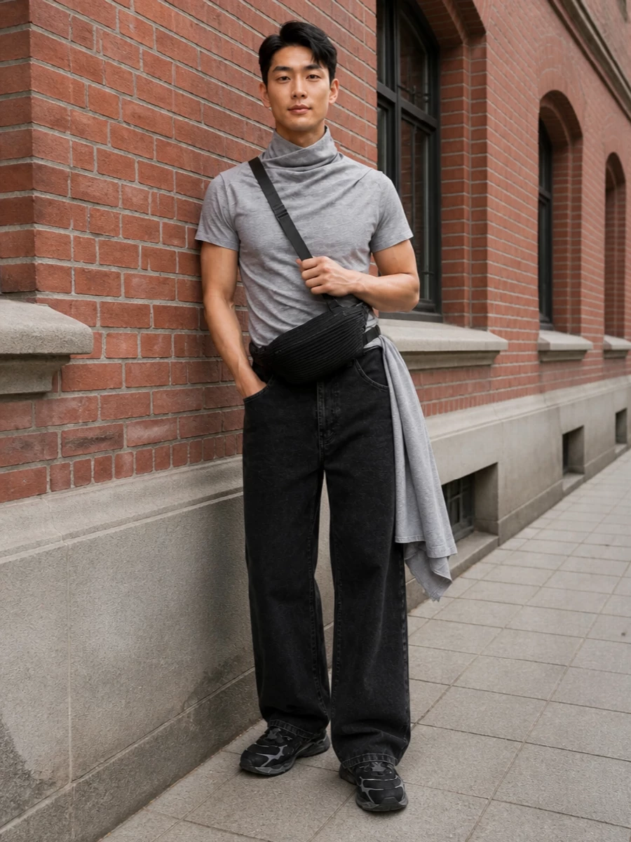 Entire studios grey tee black wide jeans sneakers