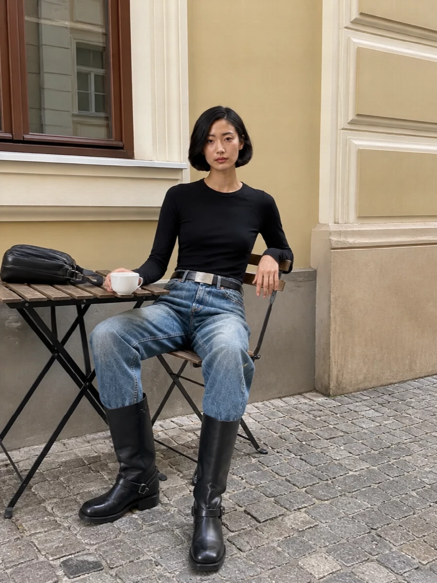 Our legacy jeans black knit top knee boots