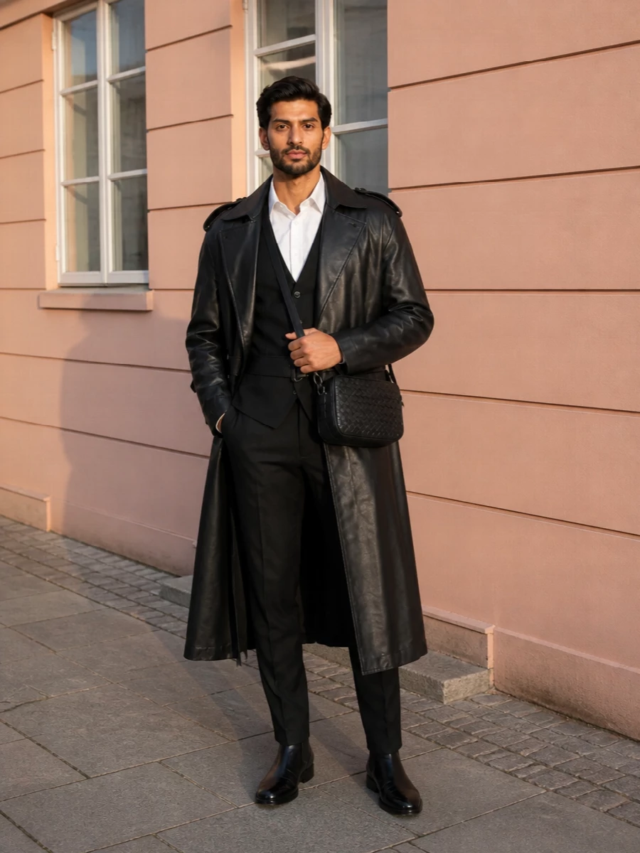 A long black leather trench drops over a narrow waistcoat and sharp tailored trouser, building a continuous dark column that feels controlled and cinematic. Glossy Chelsea boots and a compact intrecciato crossbody keep every detail precise, so the cut and texture do the talking rather than any overt branding. It is city evening dressing at its most disciplined: one silhouette, one palette, multiple depths of black.