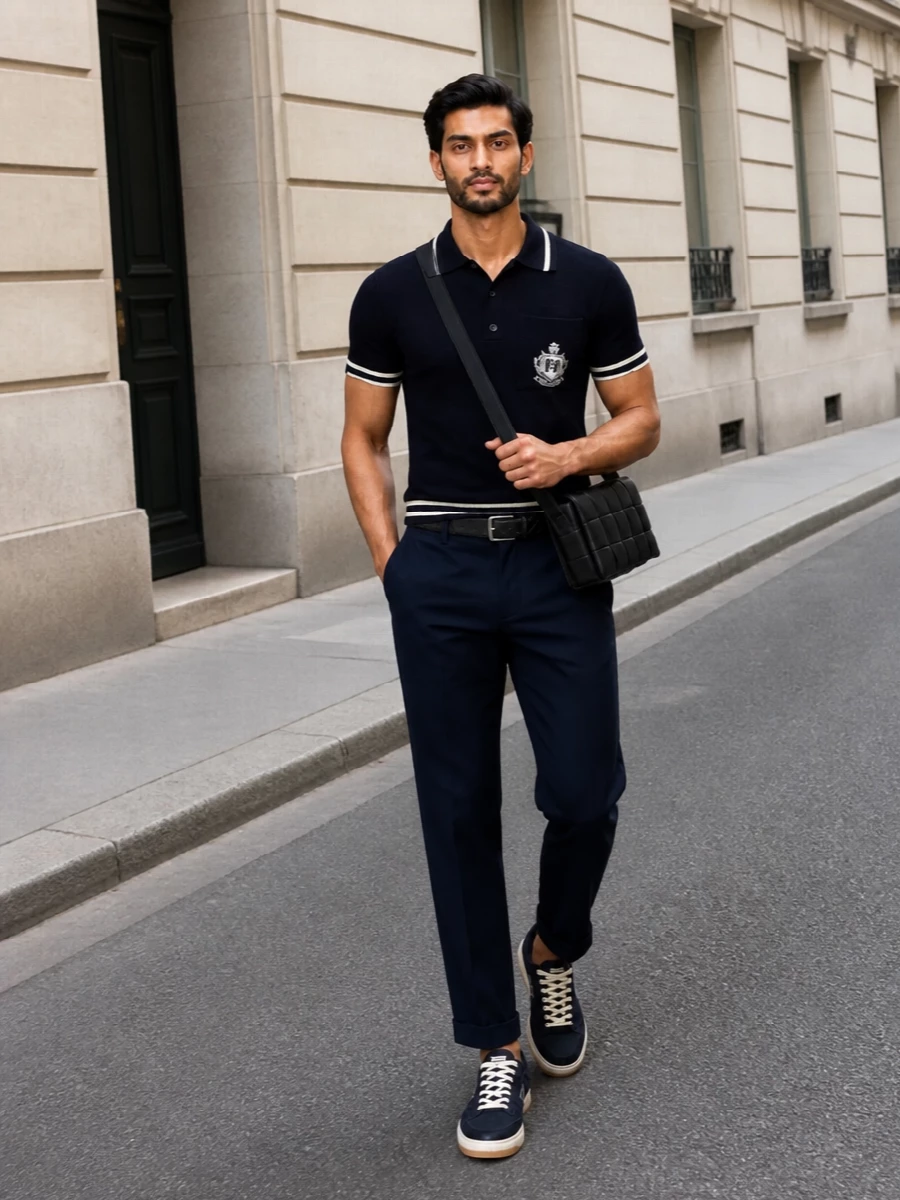 This look leans into a navy, collegiate-inspired Balmain story: the crested knit polo is paired with high-rise, cuffed navy trousers for a clean, tailored line that works from refined daytime through dinner. Navy Prada sneakers soften the formality just enough while staying polished, and a black intrecciato crossbody plus a textured leather belt finish the outfit with understated, fashion-conscious detail. The result is elevated off-duty city dressing that feels impeccably considered but never loud.