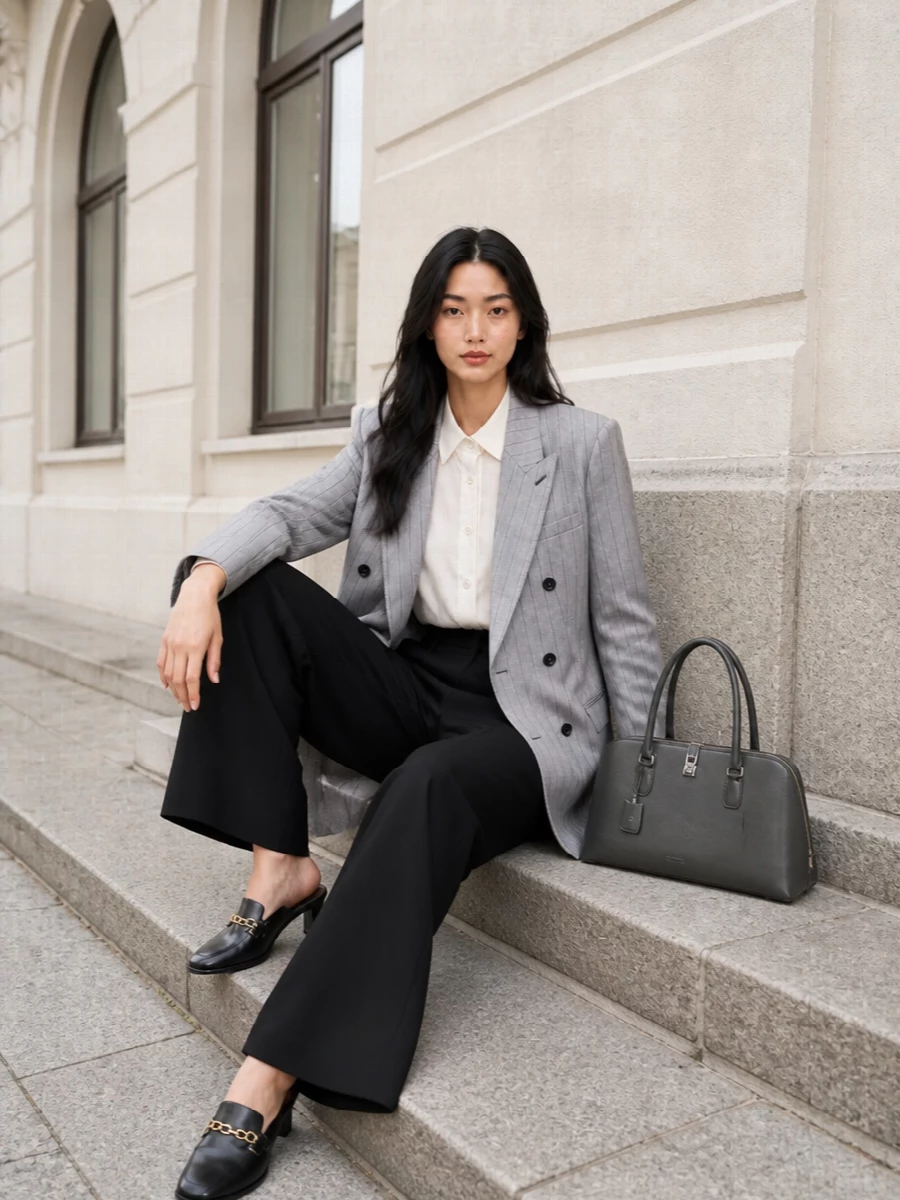 Stella mccartney pinstripe blazer black wide leg trousers