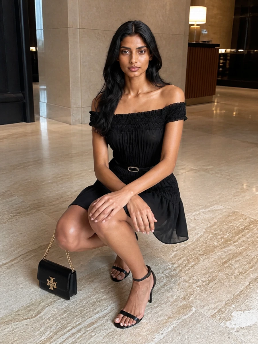A flirty black smocked mini meets high-shine details for warm-night energy that still feels considered. Barely-there ankle-strap heels and a compact chain-strap shoulder bag keep everything light, leggy, and party-ready. A slim crystal-buckled belt defines the waist just enough, adding a touch of sparkle that catches the light when you move.