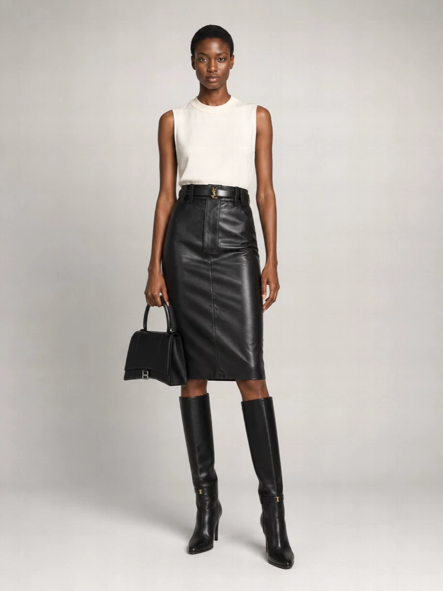 Saint Laurent Lamb Leather Midi Skirt
