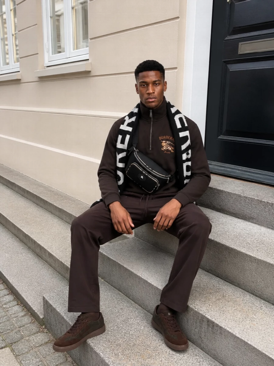 Burberry half zip brown trousers sneakers outfit