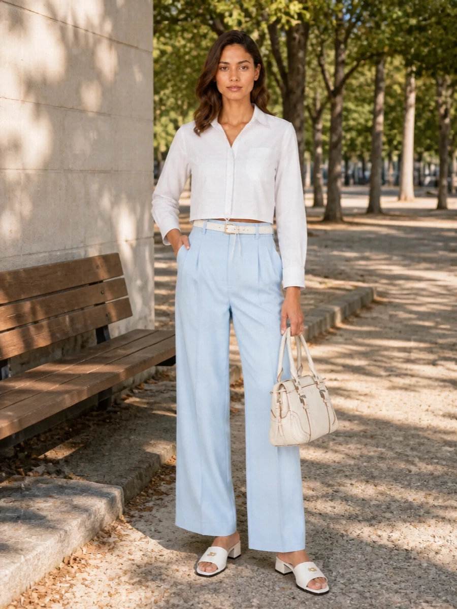 Marni powder blue trousers white shirt outfit