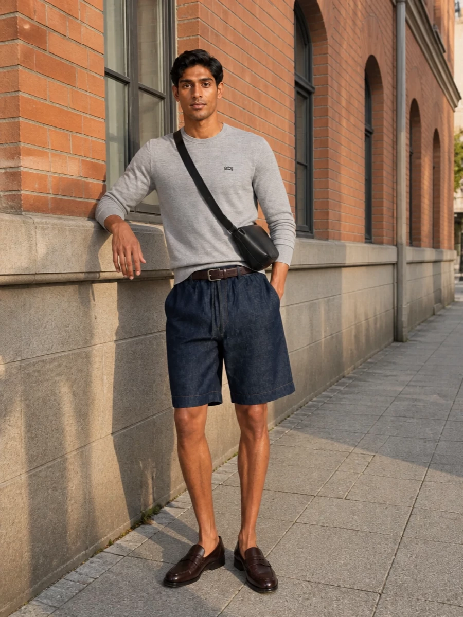 Loewe denim shorts grey knit loafers