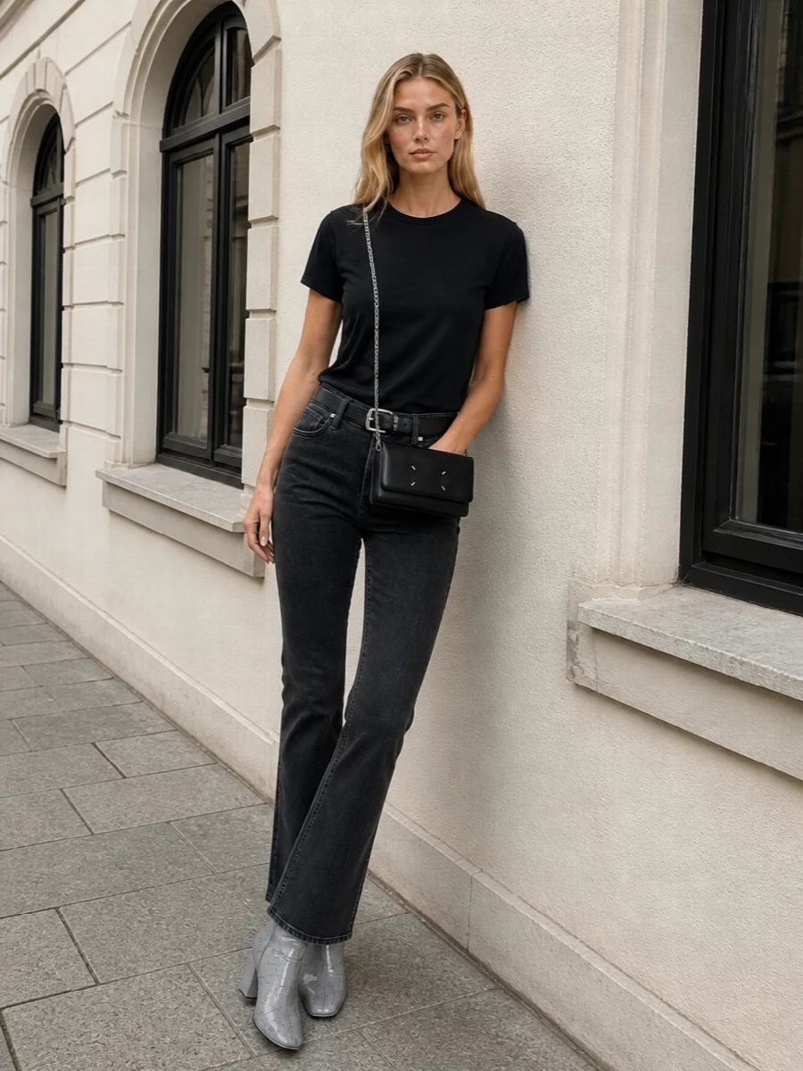 Mother charcoal flare jeans mm6 tee and boots