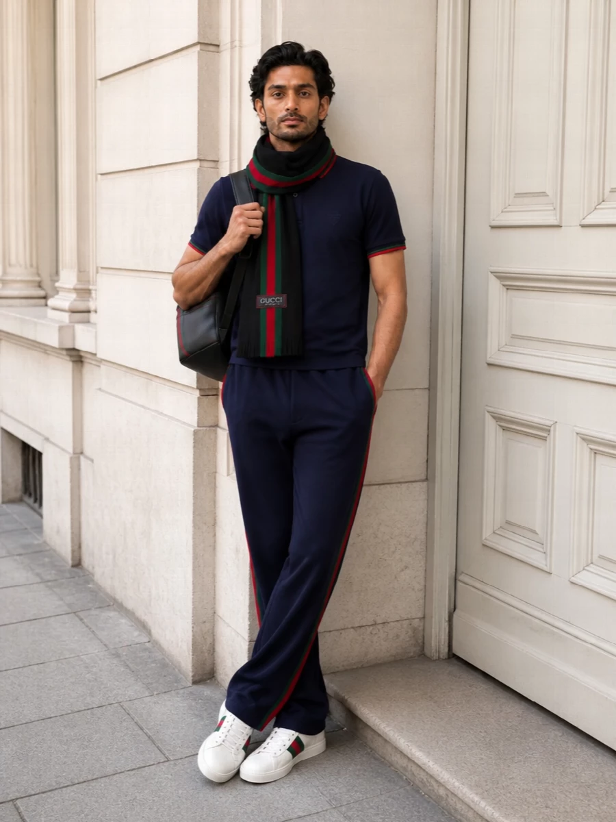 Gucci navy track pants polo white sneakers