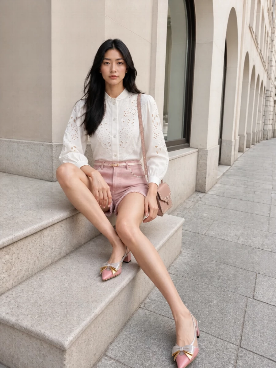 Valentino pink shorts white broderie shirt outfit