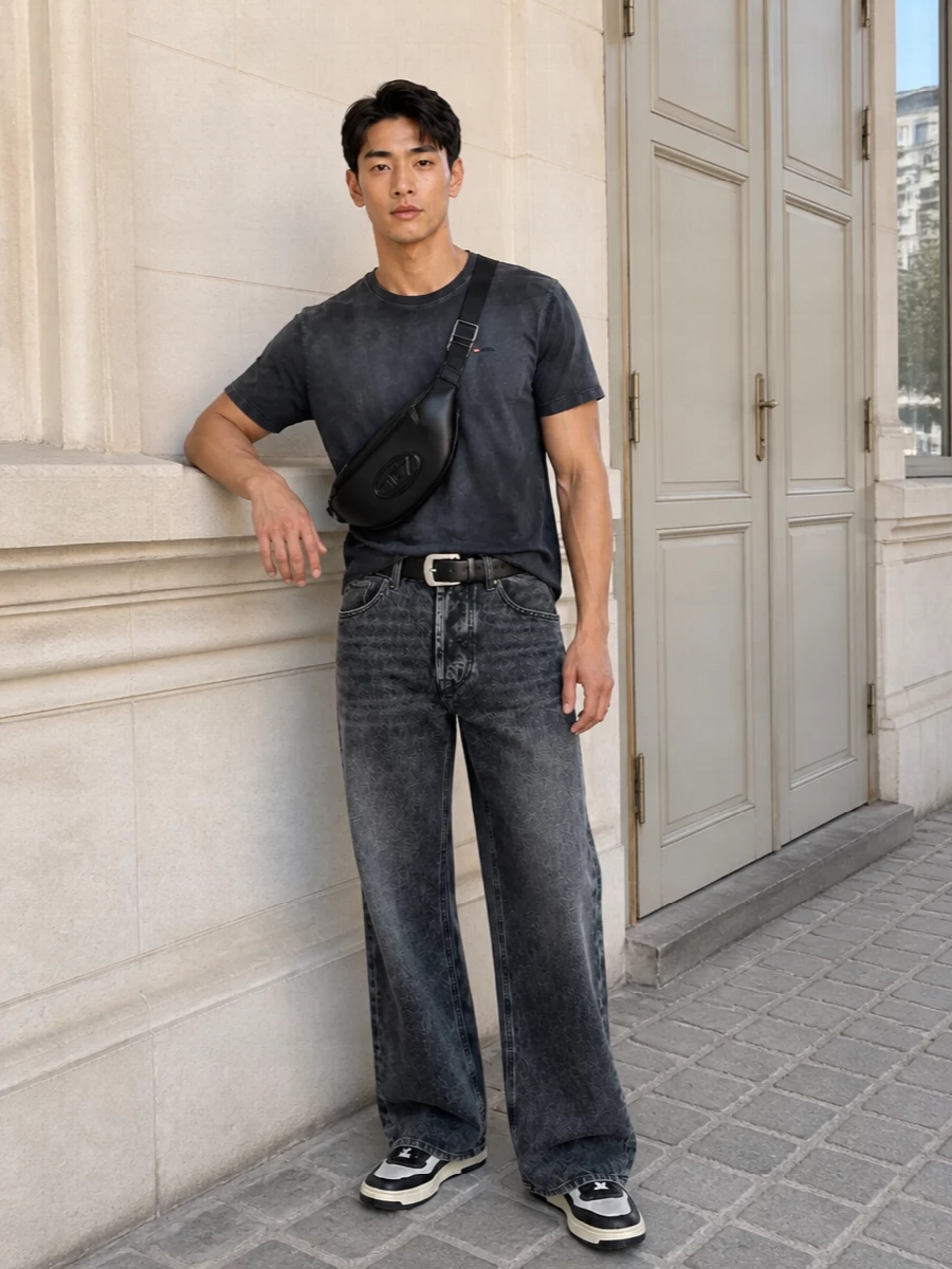 Diesel grey wide leg jeans tie dye tee outfit