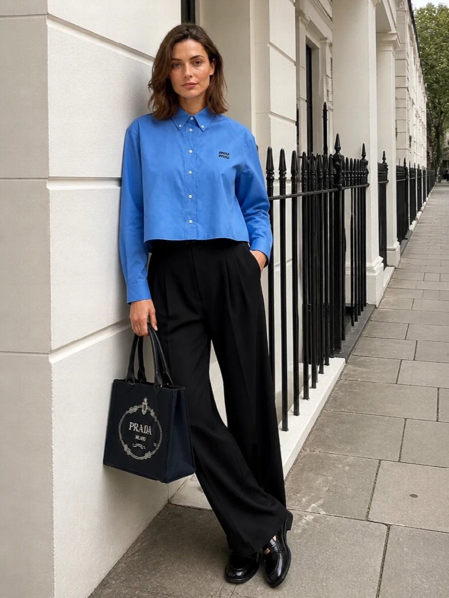 Miu miu cropped shirt jacket black trousers outfit