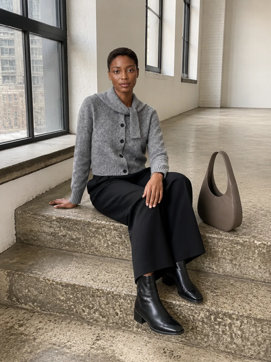 A cropped heather-grey cardigan meets high-rise black wide-leg trousers for a precise, modern take on soft tailoring. Black mid-calf boots and a sculpted taupe shoulder bag keep the palette muted and the lines elongated, ideal for quietly polished winter days.