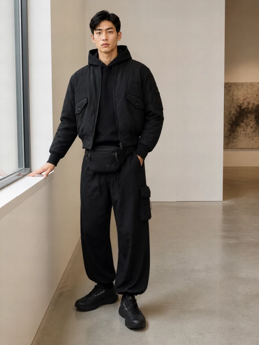 Y3 black bomber cargo jogger sneaker outfit
