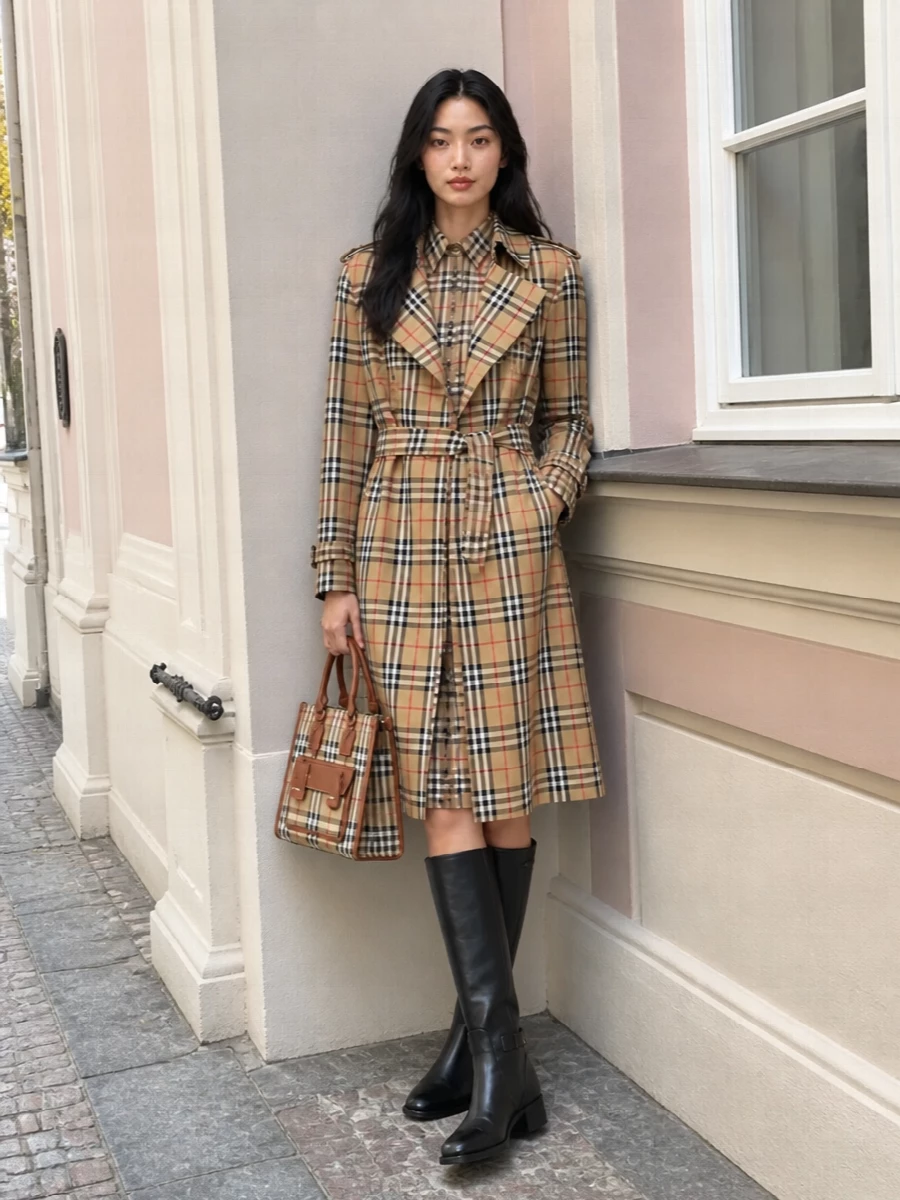 Burberry trench checked shirt dress riding boots