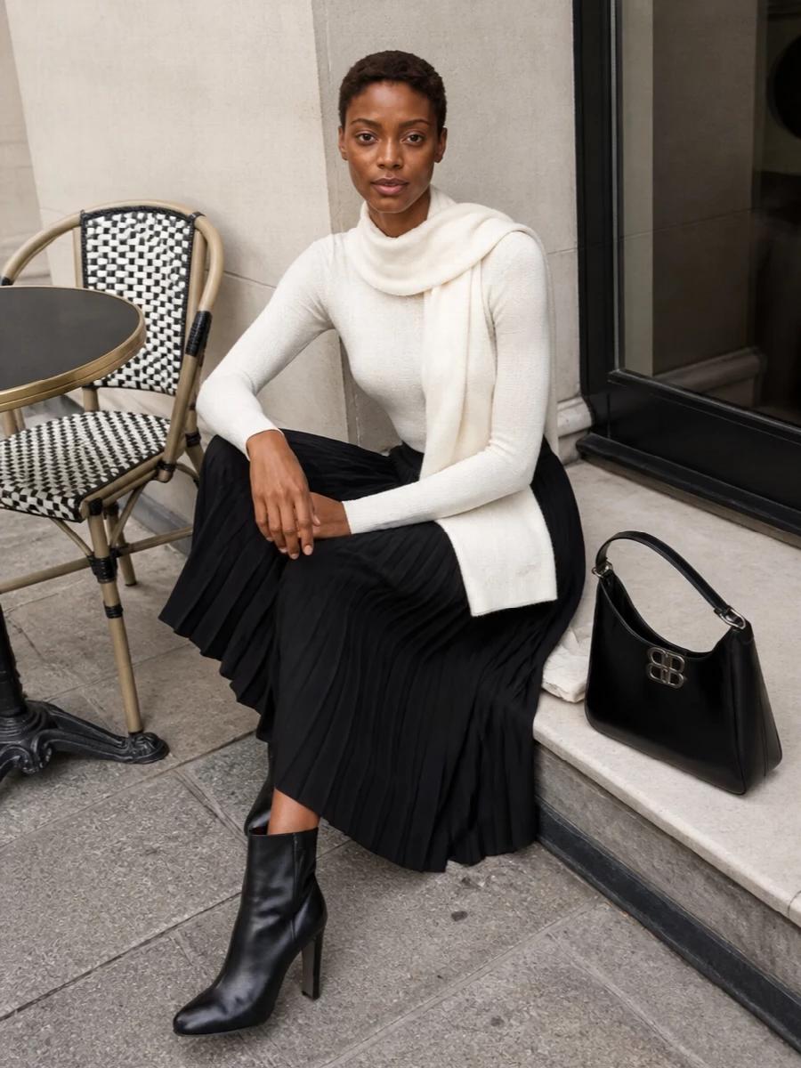 Balenciaga ivory sweater black pleated midi skirt