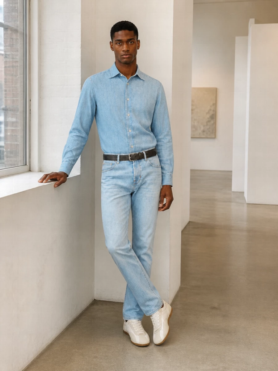 Eleventy denim shirt light jeans apc tote