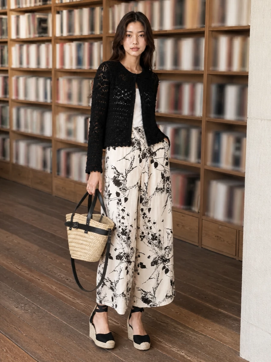 Semicouture crochet cardigan floral wide leg pants