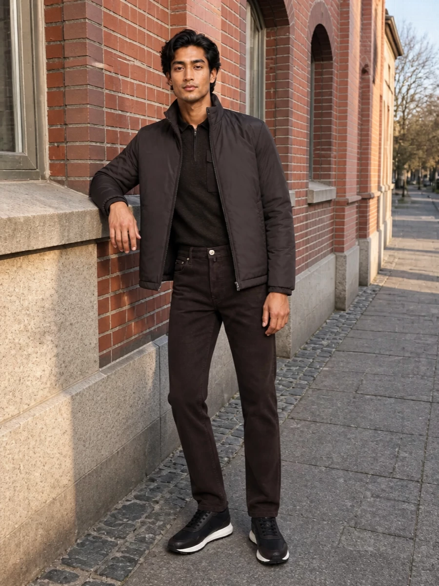 A quietly luxurious winter set built around rich browns and charcoals, this outfit balances padded outerwear with structured knitwear and straight, tailored-leaning denim. Technical sneakers and a clean backpack keep it city-focused, polished enough for office-casual days yet relaxed for evening walks home. Every piece sits in the same low-key register, so the depth comes from texture rather than logos or contrast.