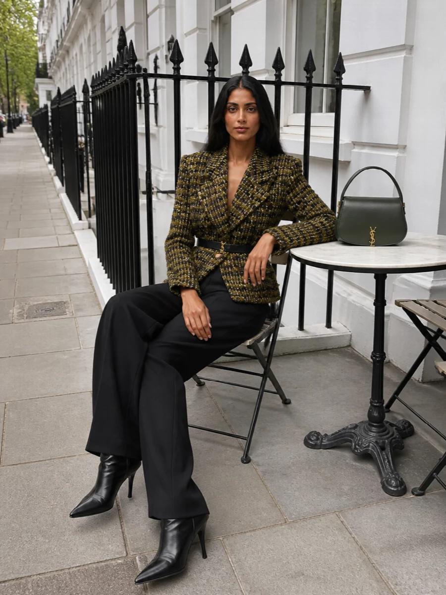 Saint laurent tweed blazer black wide leg trousers