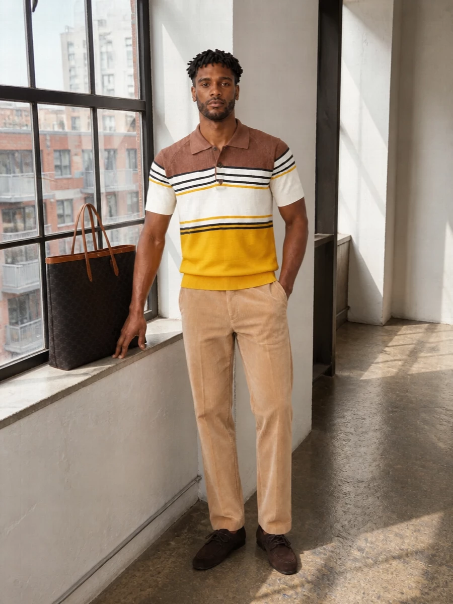 Warm camel corduroy sharpens the striped Fendi knit into a relaxed, city-ready take on prep. Deep brown suede shoes and an espresso tote keep the palette grounded and understated. The proportions stay easy and regular, so the color and texture do the talking rather than the cut.