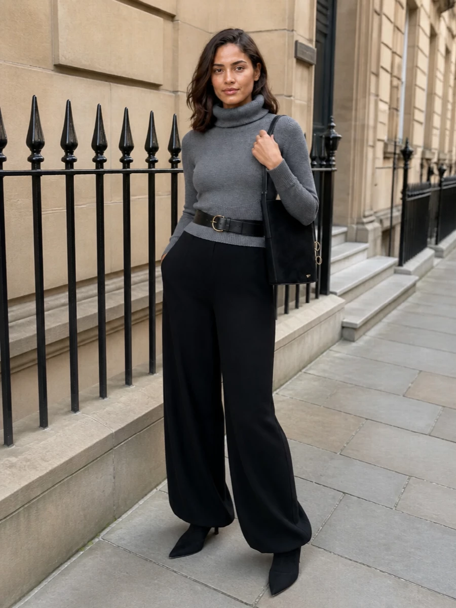Alaia wide leg trousers grey turtleneck outfit